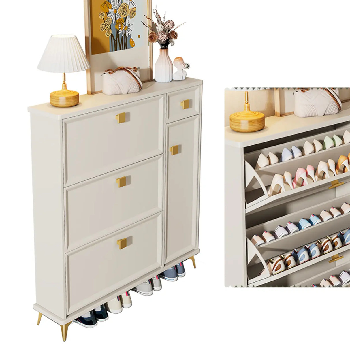 Nordic Tall Wood Hallway White Shoe Cabinet Storage Image - 22