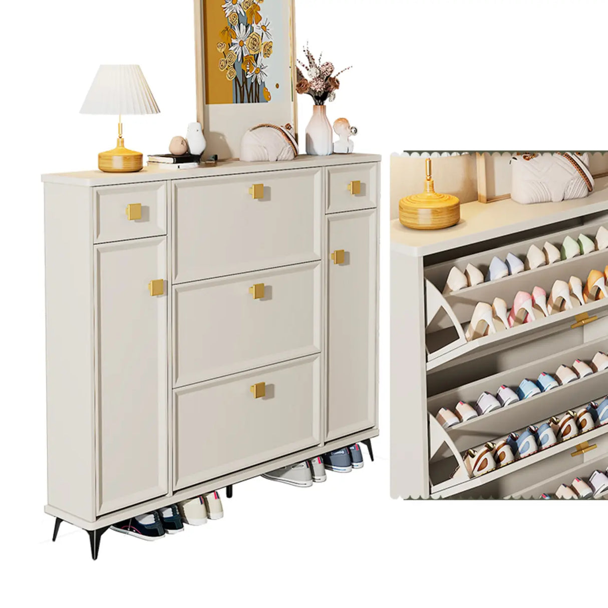 Nordic Tall Wood Hallway White Shoe Cabinet Storage Image - 23