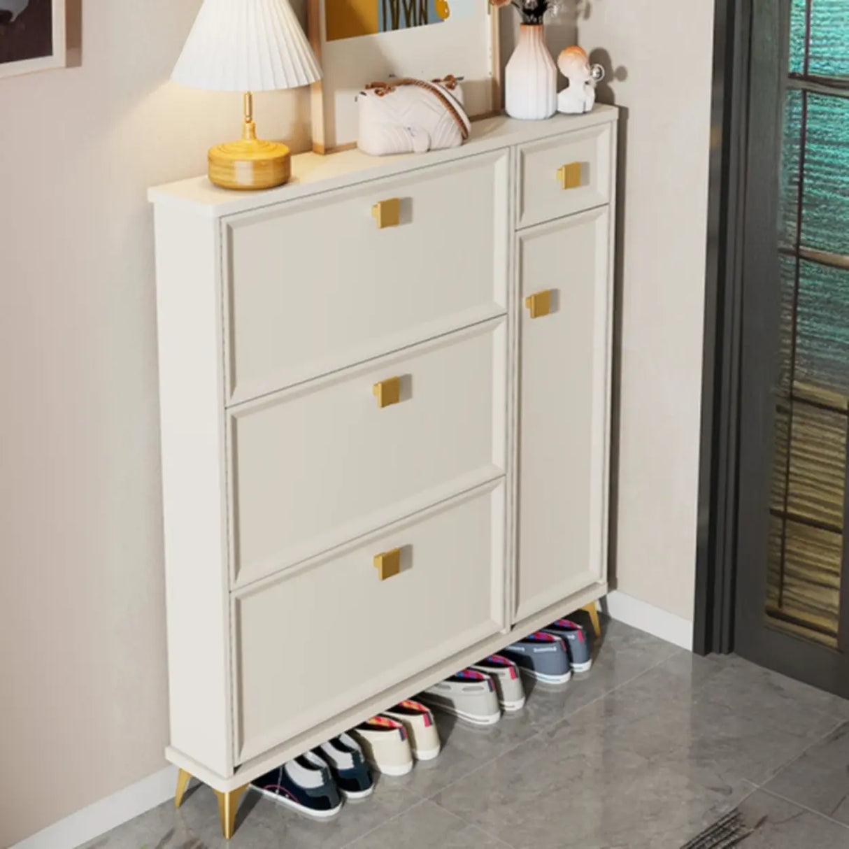 Nordic Tall Wood Hallway White Shoe Cabinet Storage Image - 3