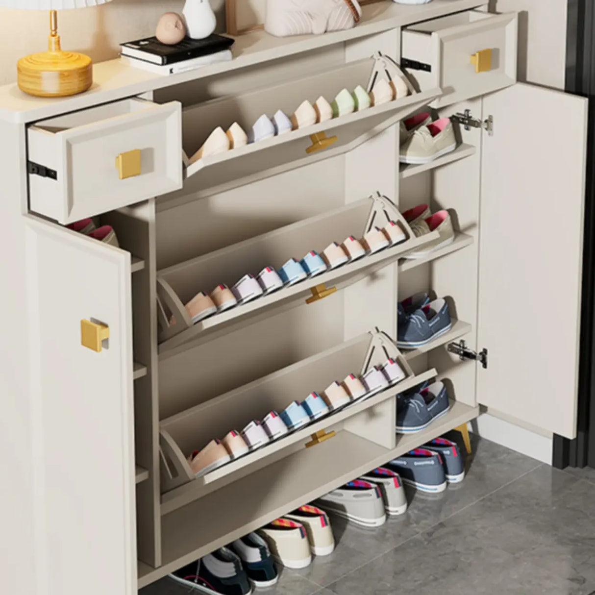 Nordic Tall Wood Hallway White Shoe Cabinet Storage Image - 6