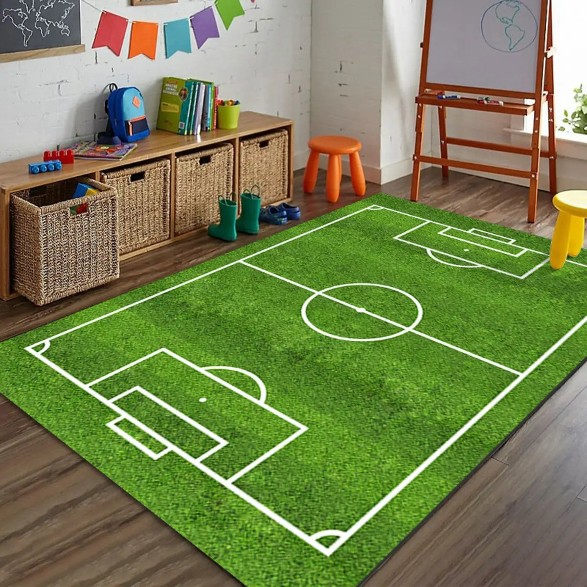 Novelty Soccer Field Pattern Polyester Green Area Rug Image - 3