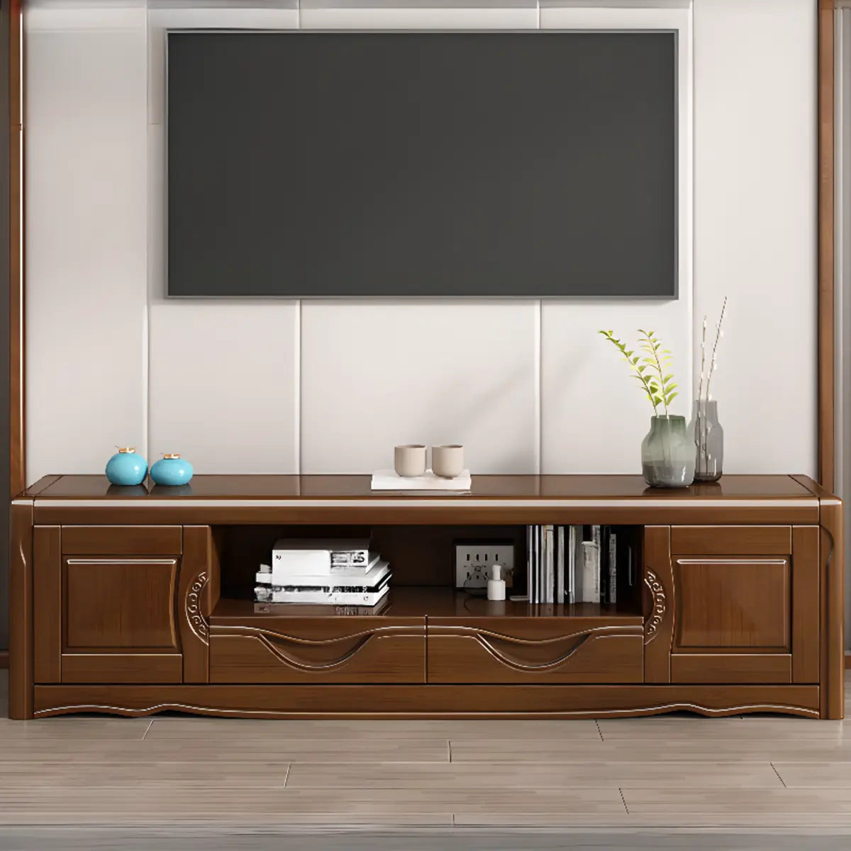 Nut-Brown Finish Wooden TV Stand with Cabinet Shelves Image - 1