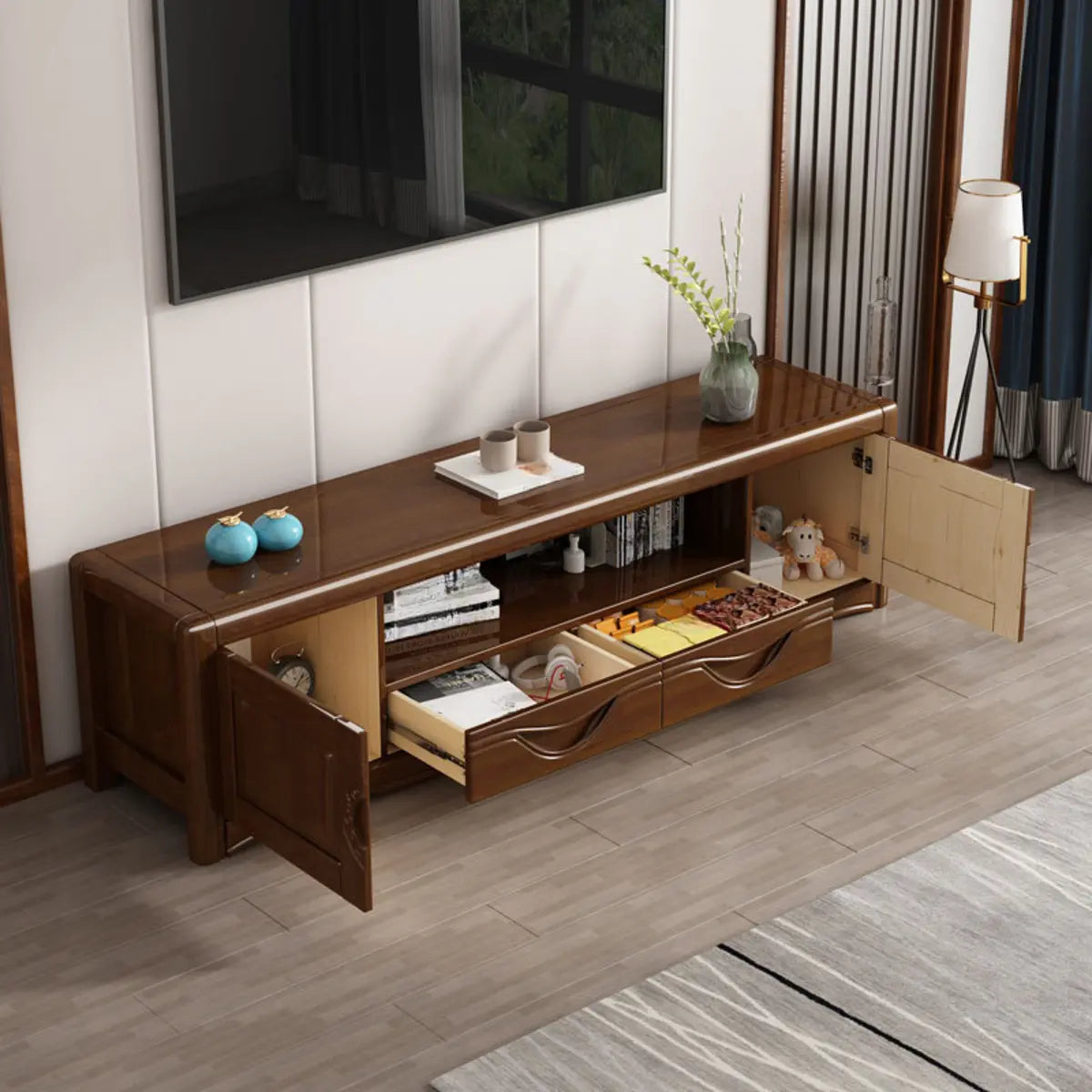 Nut-Brown Finish Wooden TV Stand with Cabinet Shelves Image - 2