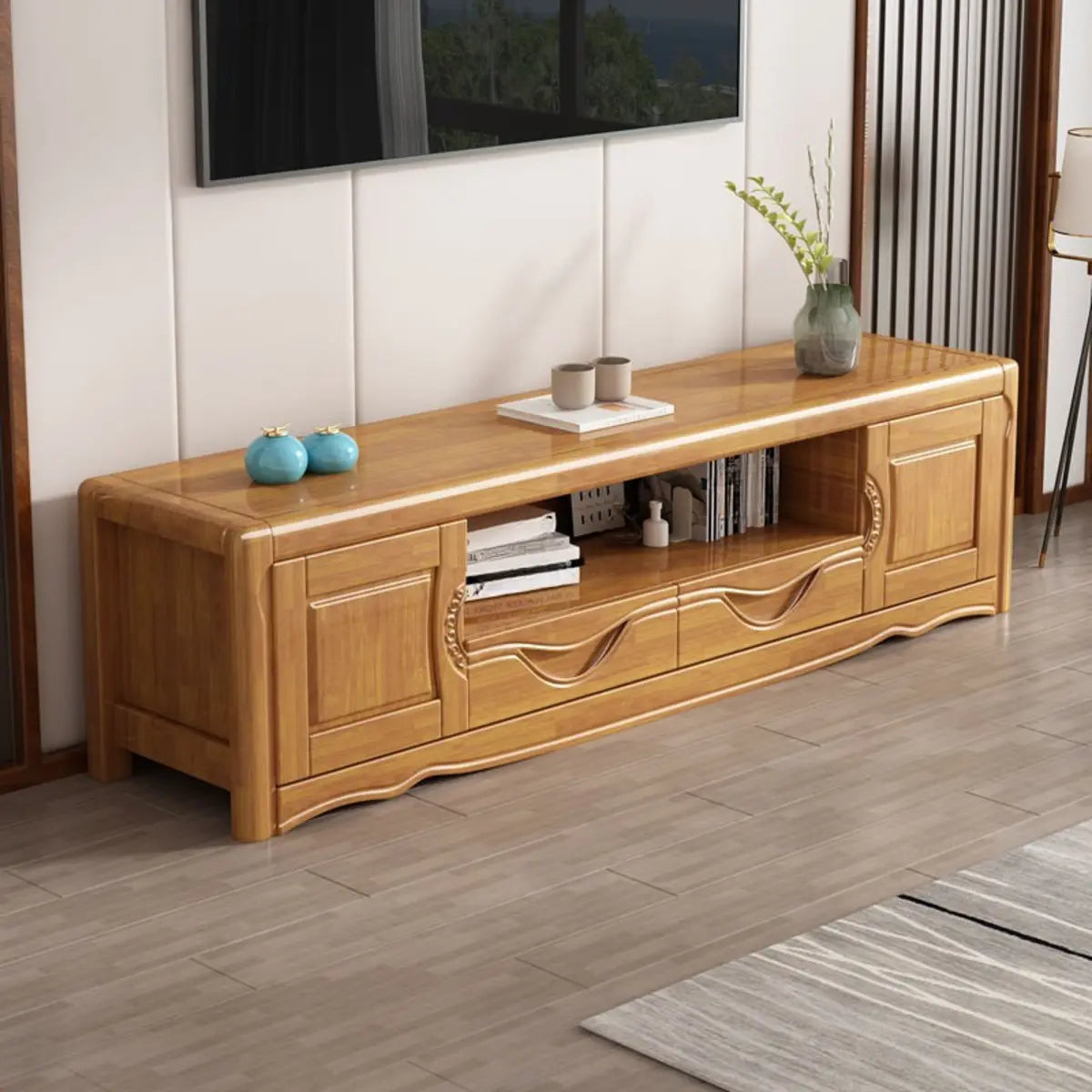 Nut-Brown Finish Wooden TV Stand with Cabinet Shelves Image - 3