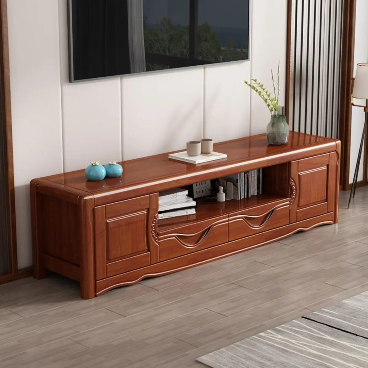 Nut-Brown Finish Wooden TV Stand with Cabinet Shelves Image - 4