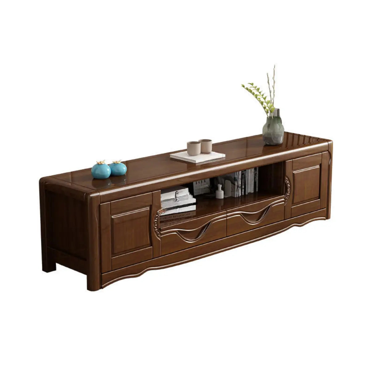 Nut-Brown Finish Wooden TV Stand with Cabinet Shelves Image - 5