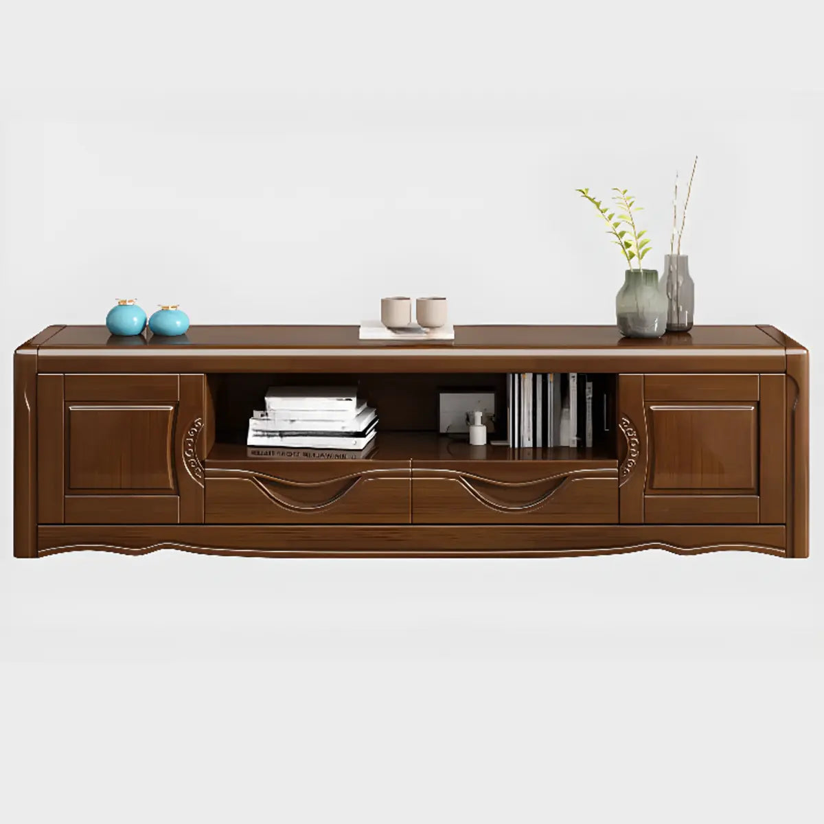 Nut-Brown Finish Wooden TV Stand with Cabinet Shelves Image - 6