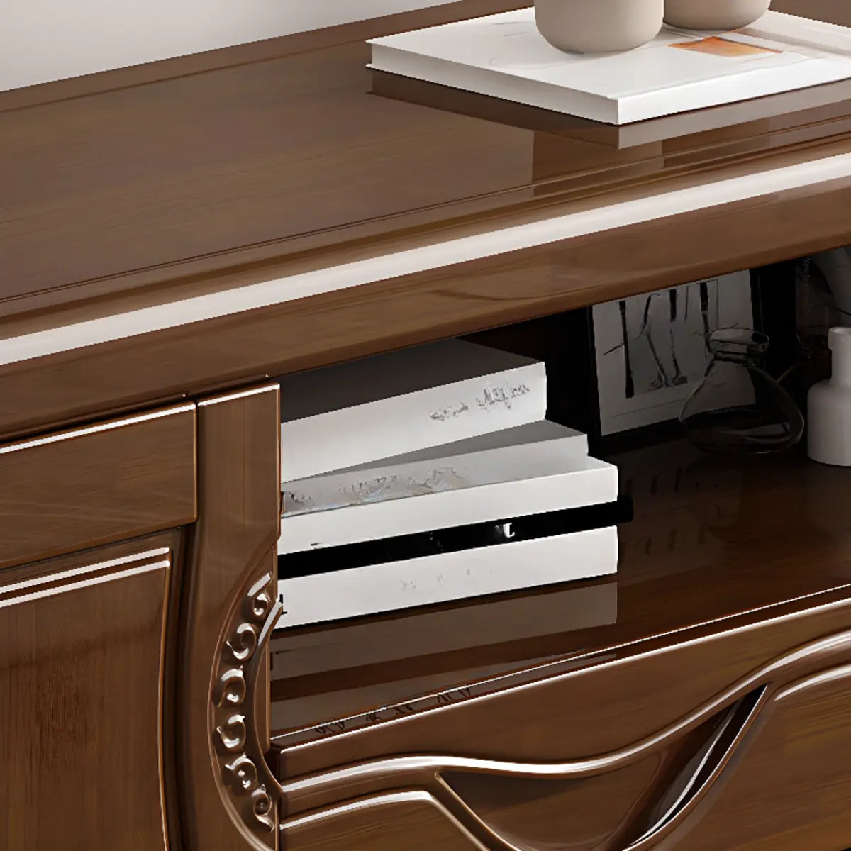 Nut-Brown Finish Wooden TV Stand with Cabinet Shelves Image - 7