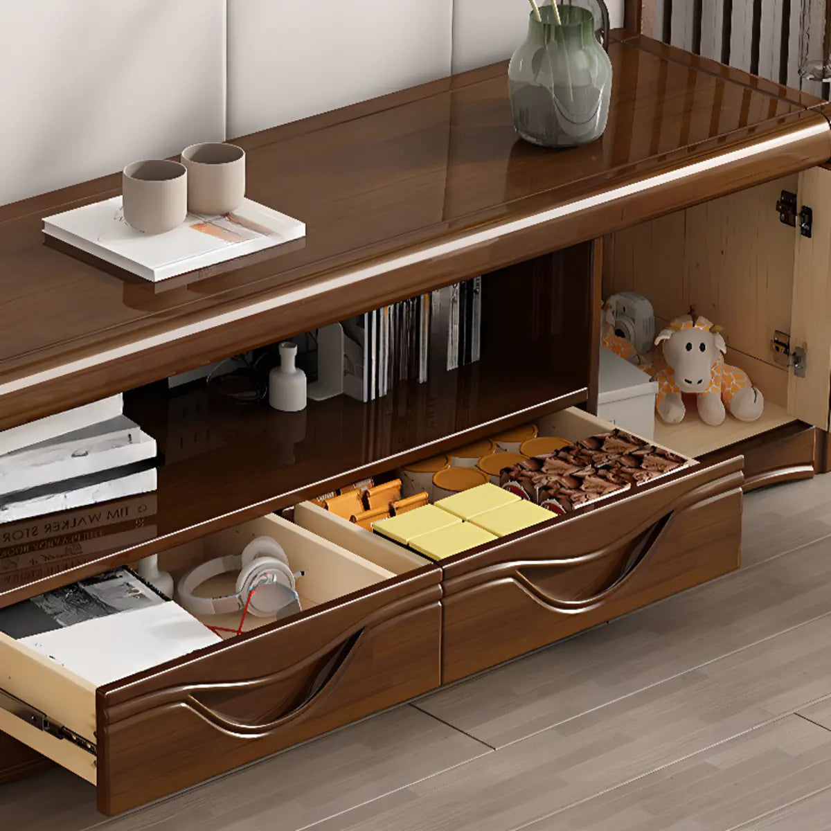 Nut-Brown Finish Wooden TV Stand with Cabinet Shelves Image - 8