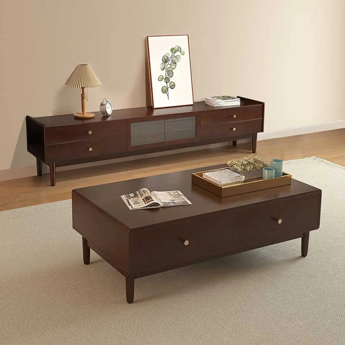 Nut-Brown Oak Medium Wood Tone TV Stand with Storage Image - 1