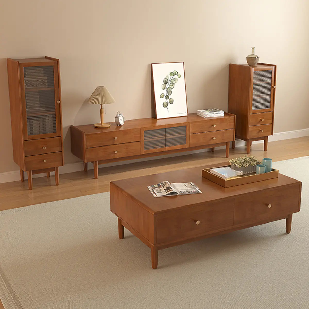 Nut-Brown Oak Medium Wood Tone TV Stand with Storage Image - 4