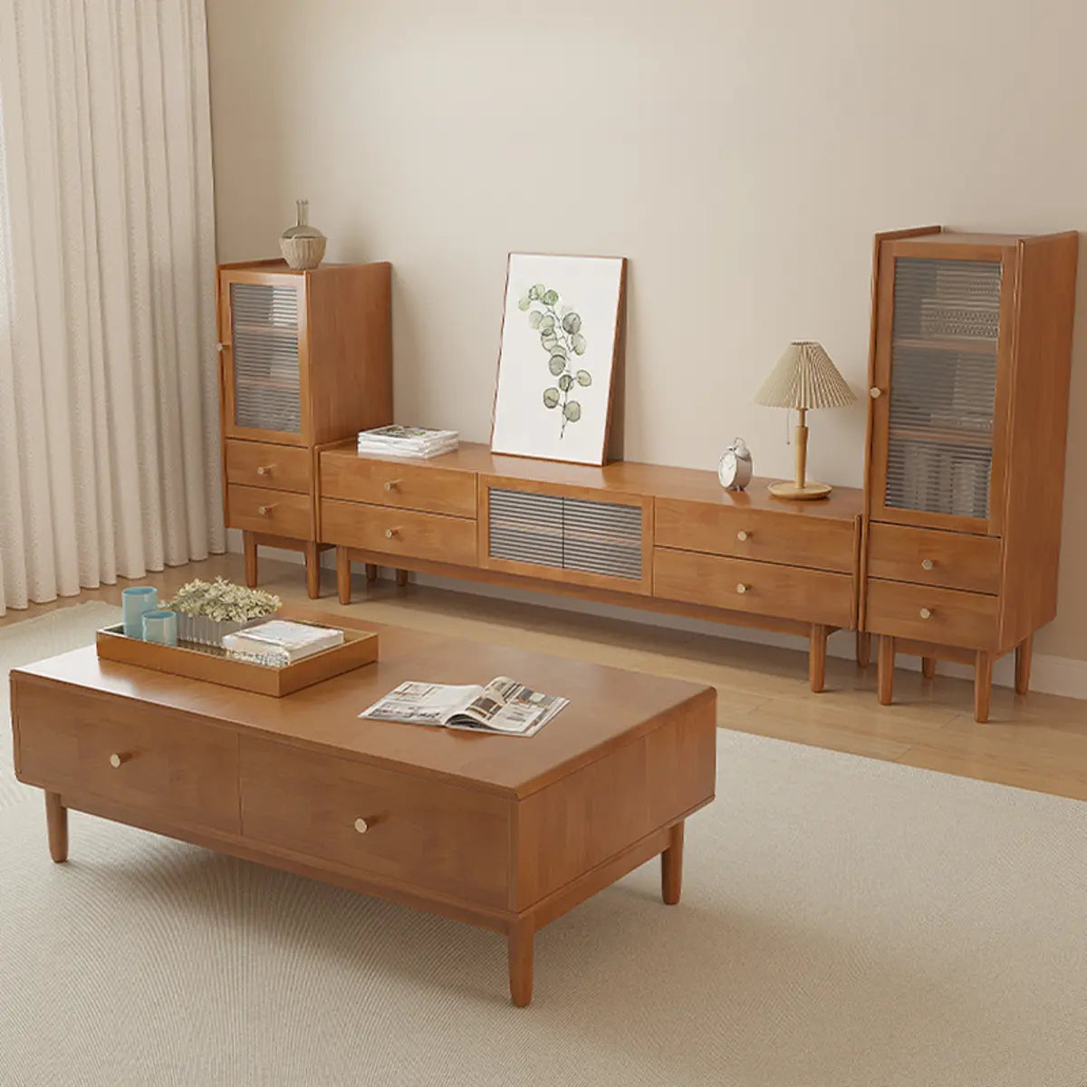 Nut-Brown Oak Medium Wood Tone TV Stand with Storage Image - 6