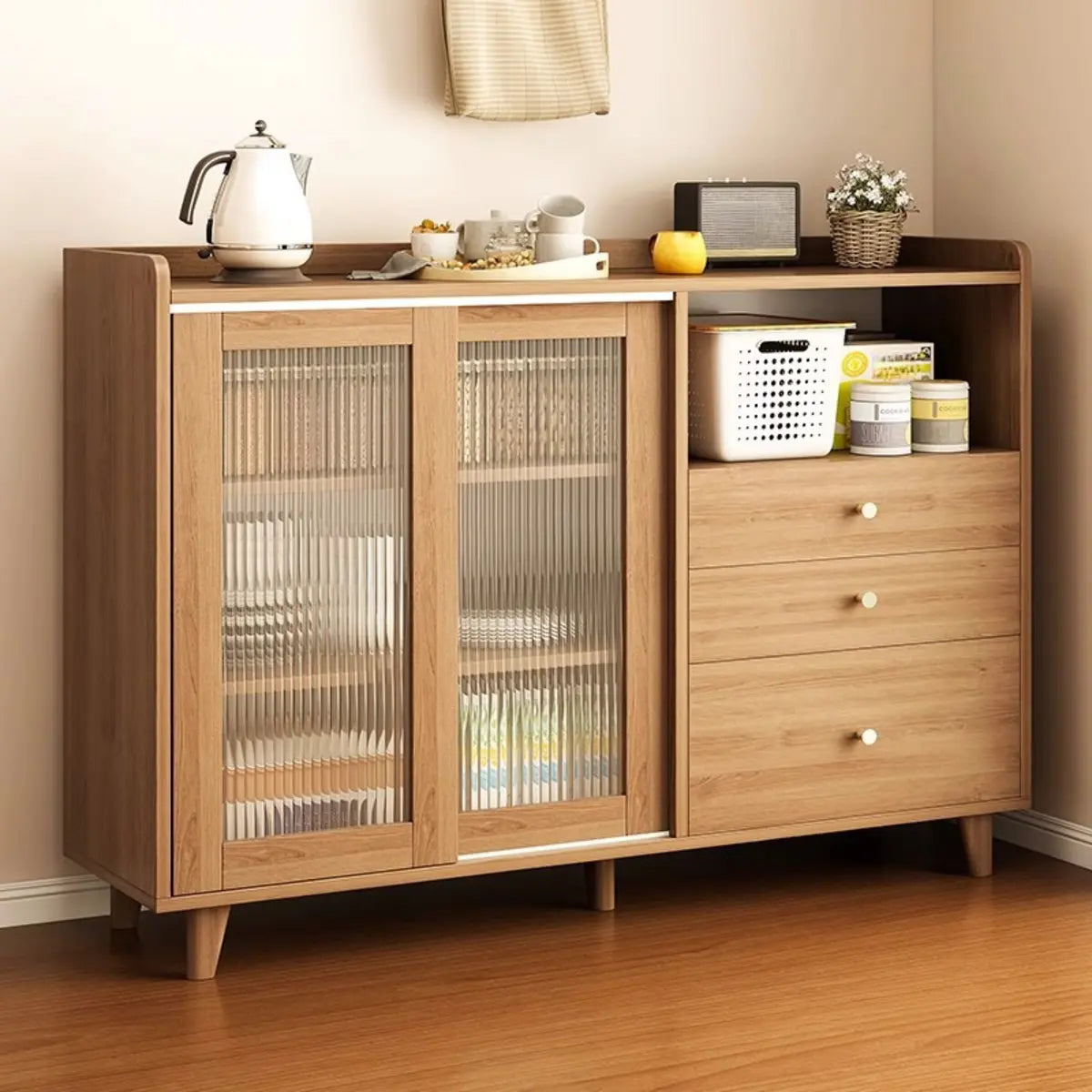Nut-Brown Open Storage Sideboard with Drawers and Shelves Image - 1