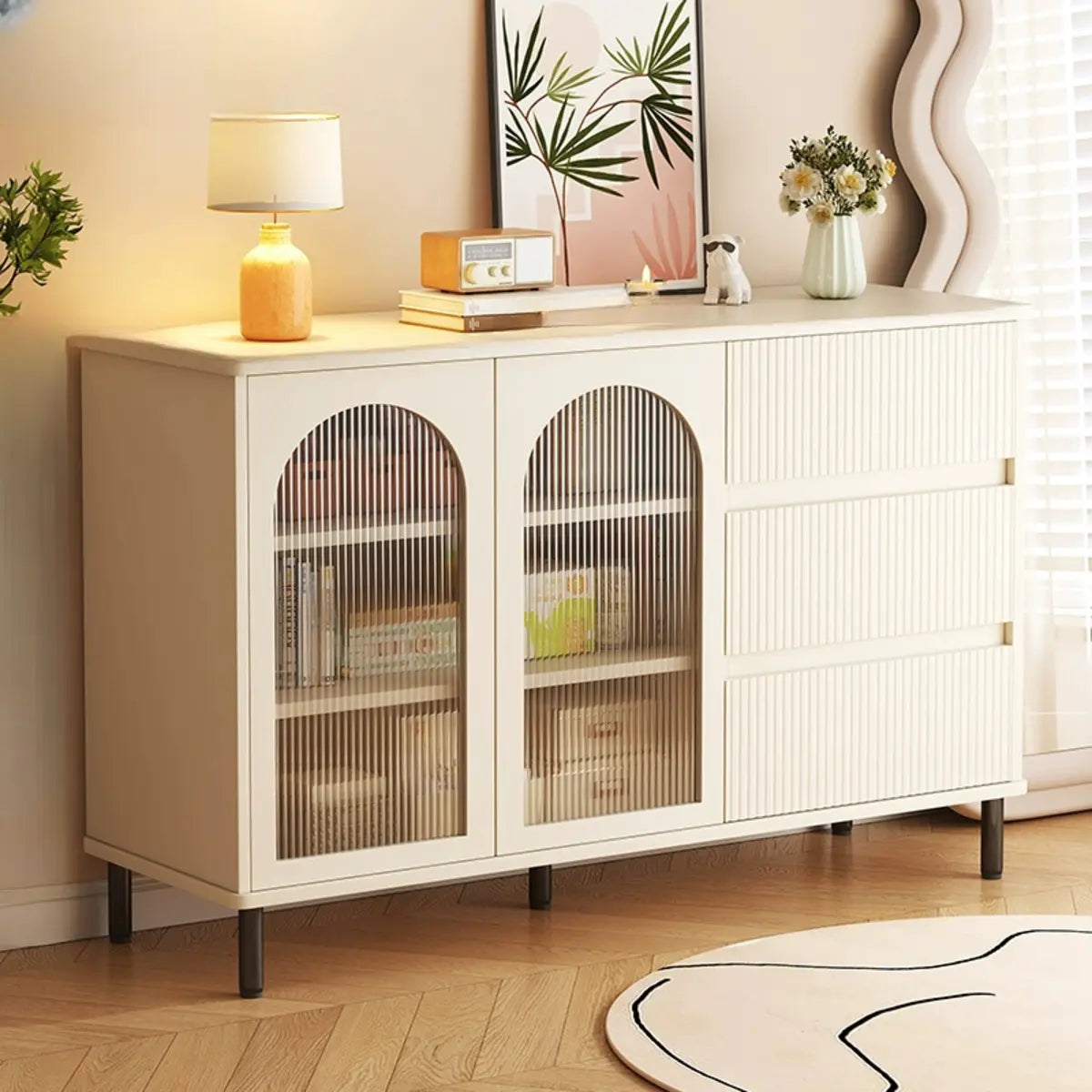 Nut-Brown Open Storage Sideboard with Drawers and Shelves Image - 10