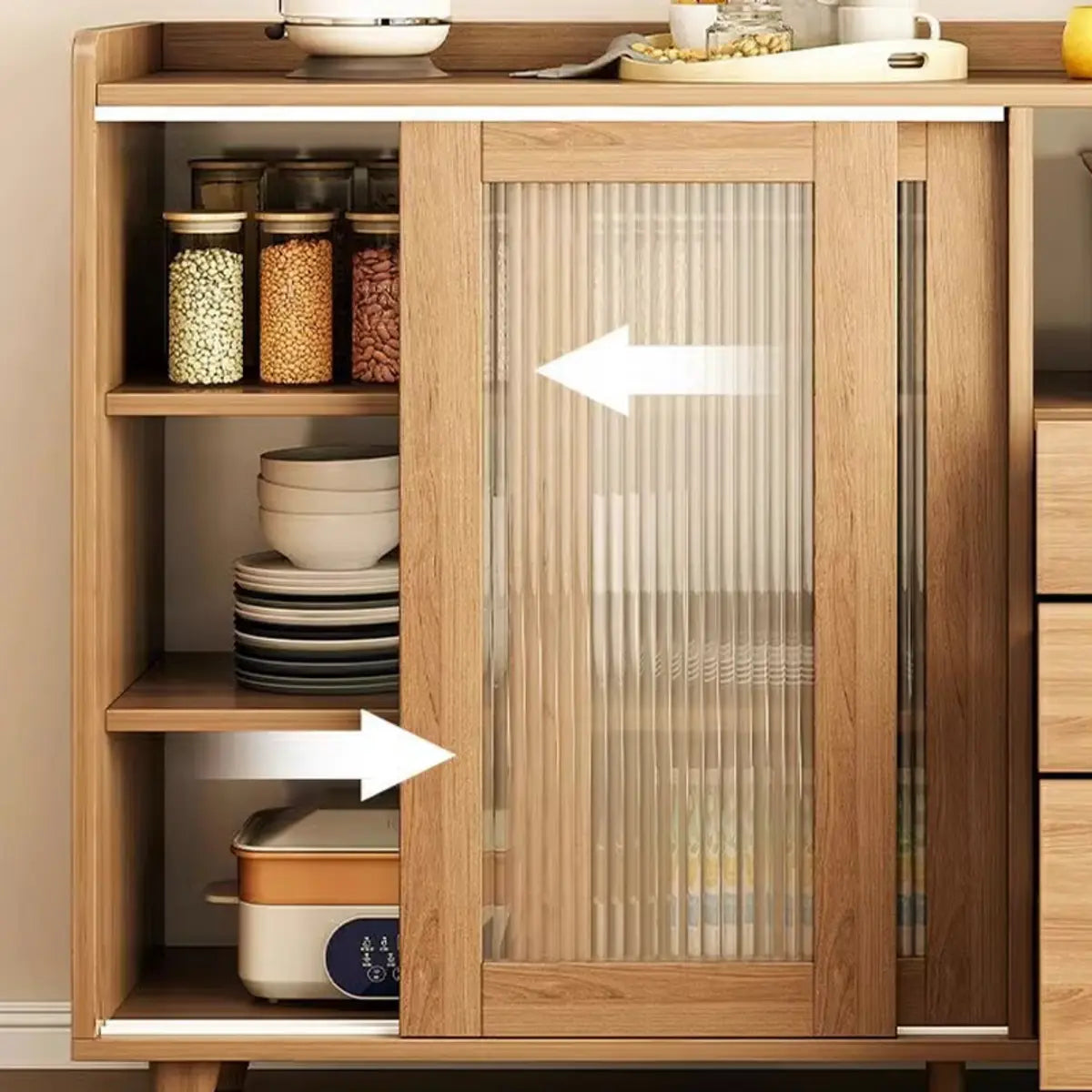 Nut-Brown Open Storage Sideboard with Drawers and Shelves Image - 12