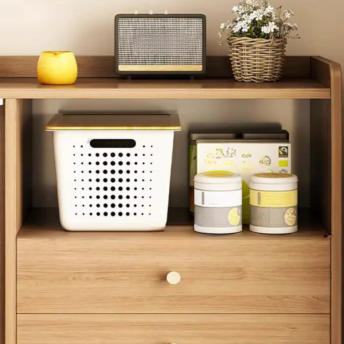 Nut-Brown Open Storage Sideboard with Drawers and Shelves Image - 13
