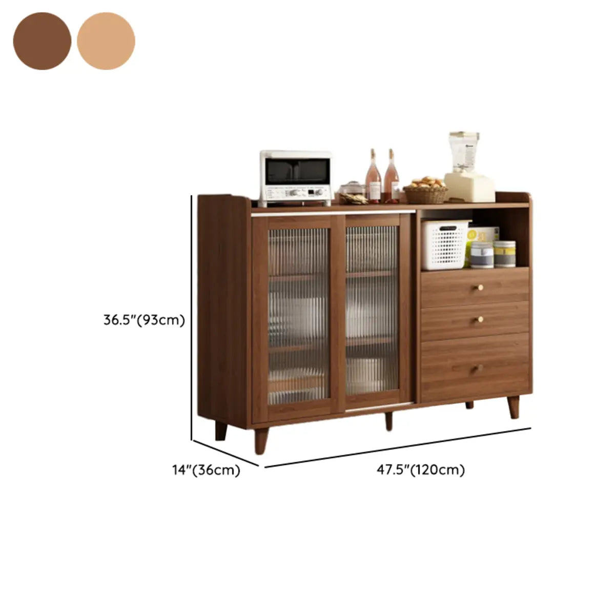 Nut-Brown Open Storage Sideboard with Drawers and Shelves