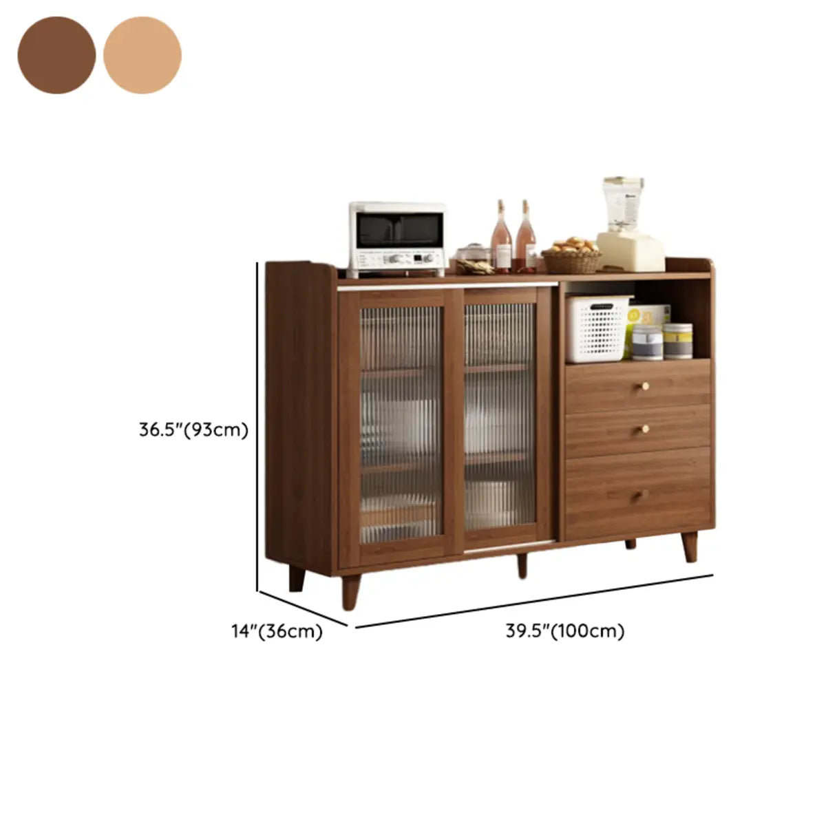 Nut-Brown Open Storage Sideboard with Drawers and Shelves Image - 18