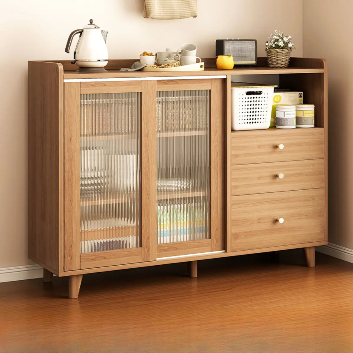 Nut-Brown Open Storage Sideboard with Drawers and Shelves Image - 2