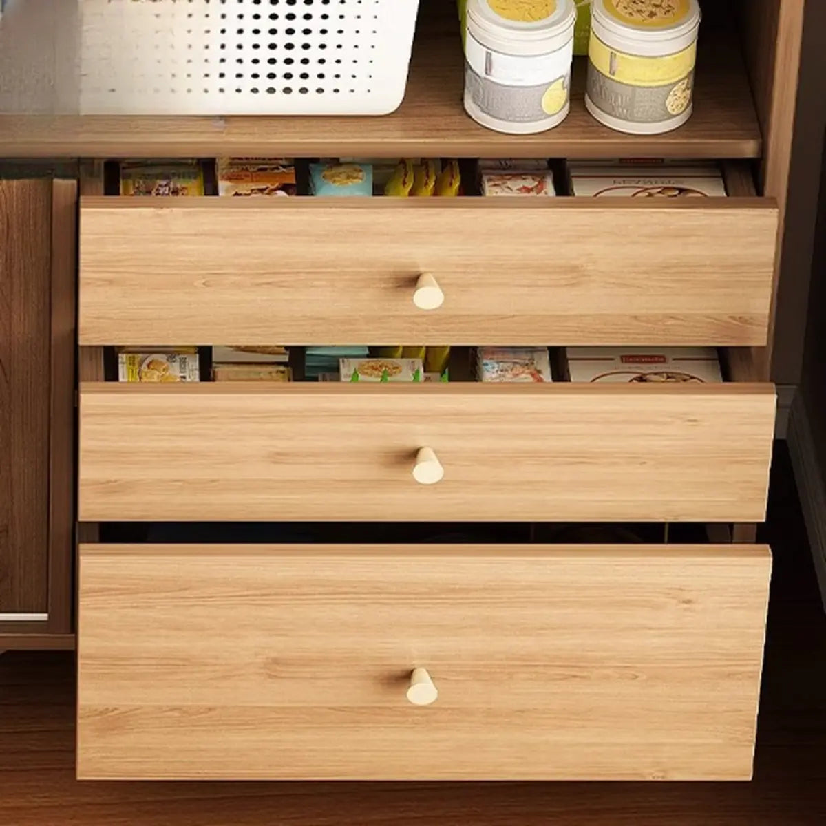 Nut-Brown Open Storage Sideboard with Drawers and Shelves Image - 4