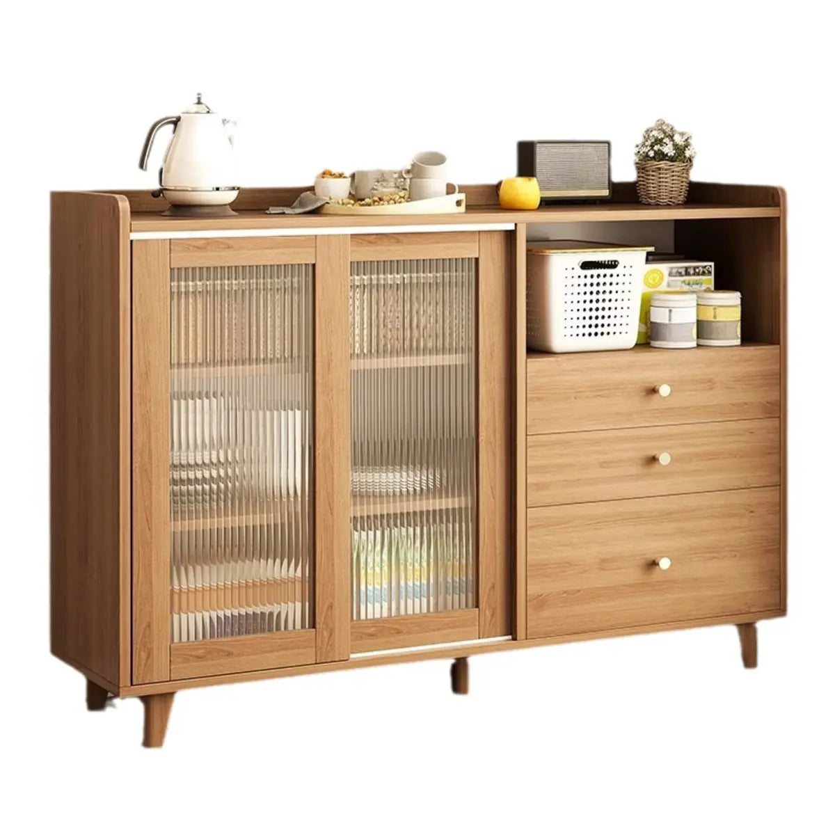 Nut-Brown Open Storage Sideboard with Drawers and Shelves Image - 5