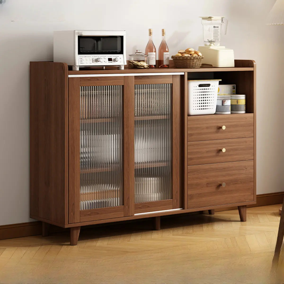 Nut-Brown Open Storage Sideboard with Drawers and Shelves Image - 6