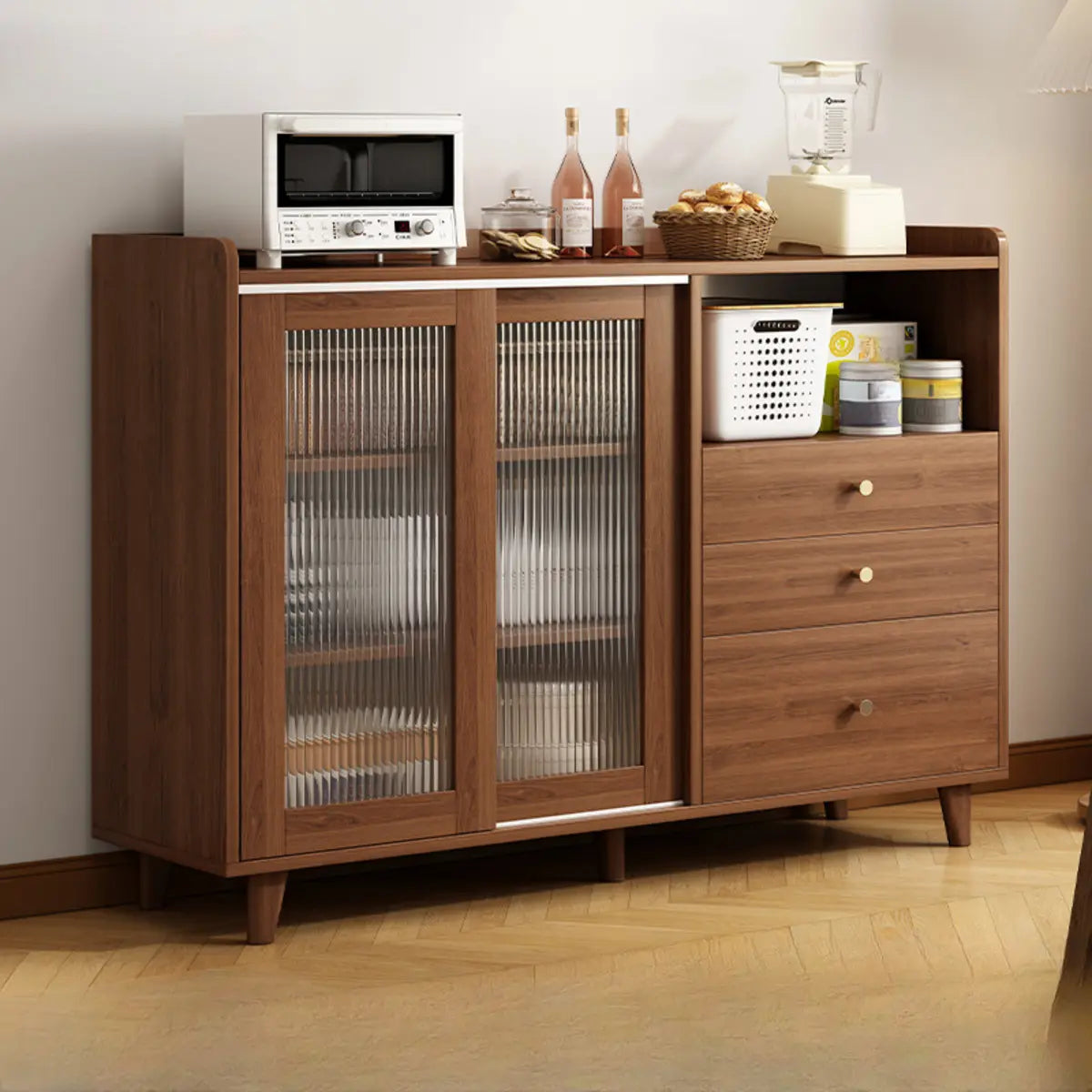 Nut-Brown Open Storage Sideboard with Drawers and Shelves Image - 7