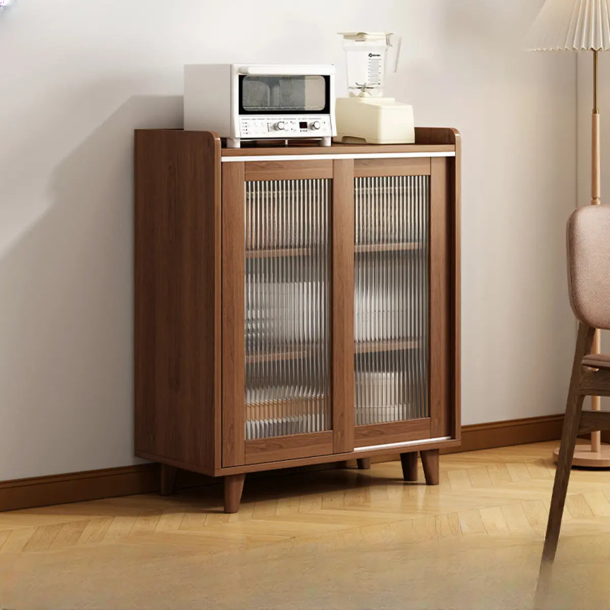 Nut-Brown Open Storage Sideboard with Drawers and Shelves Image - 8