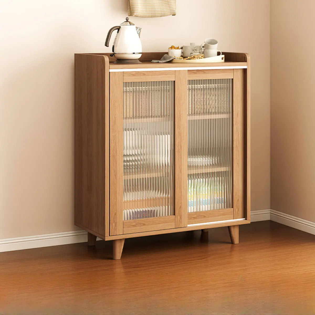 Nut-Brown Open Storage Sideboard with Drawers and Shelves Image - 9