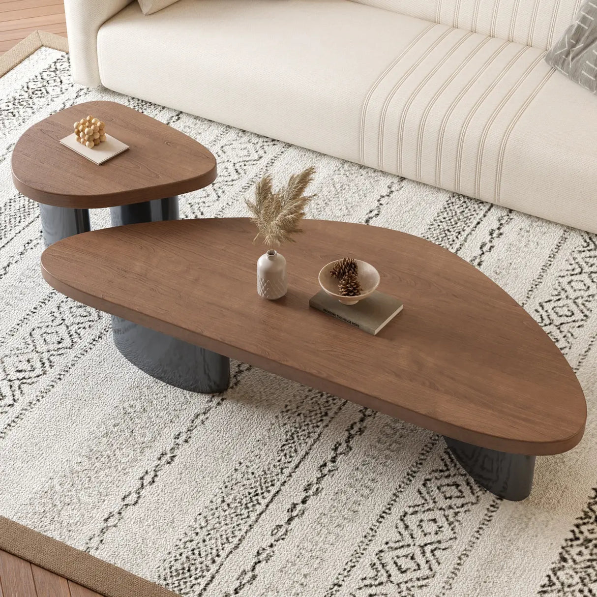 Nut-Brown Pine Wood Triangle Nesting Coffee Tables Image - 4