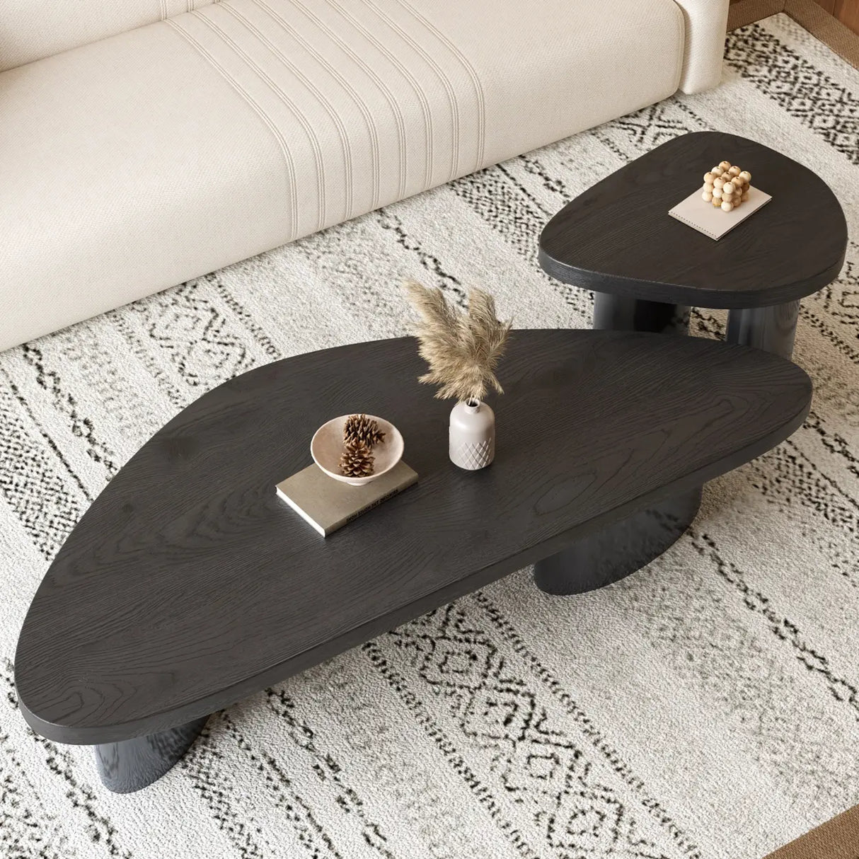 Nut-Brown Pine Wood Triangle Nesting Coffee Tables Image - 8