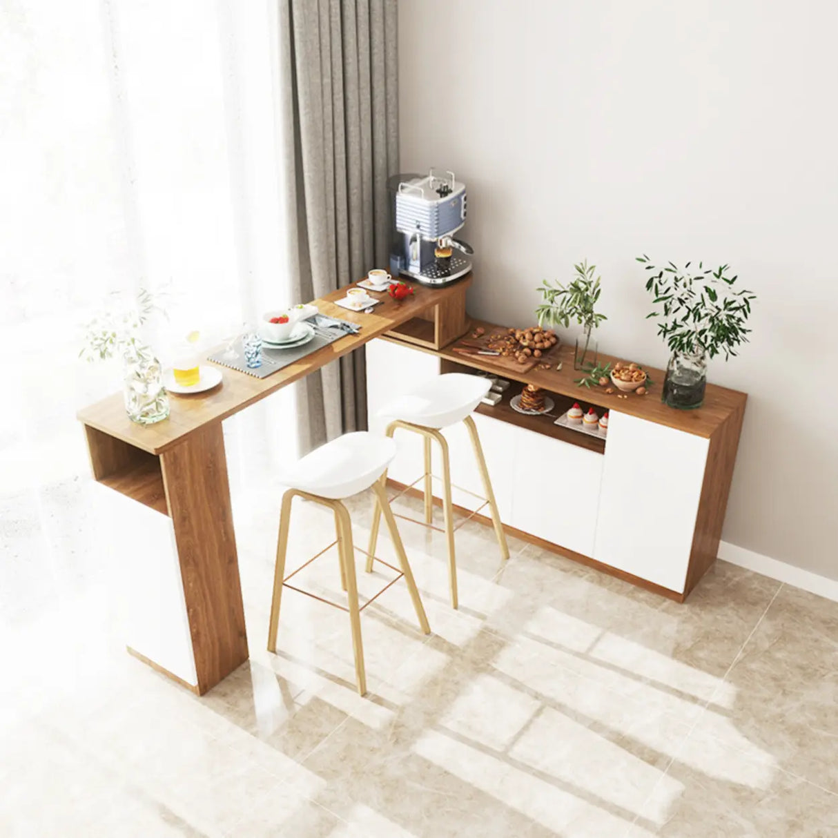 Nut-Brown Rectangular Wood Bar Table with Storage Image - 4