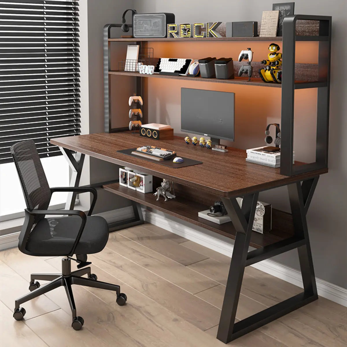 Nut-Brown Wood Computer Desk with Hutch Exterior Shelf Image - 1