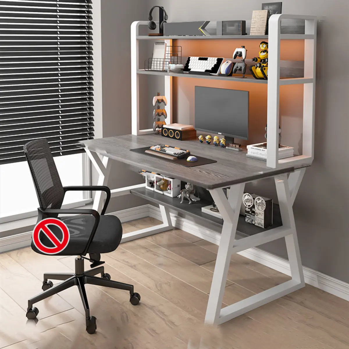 Nut-Brown Wood Computer Desk with Hutch Exterior Shelf Image - 10