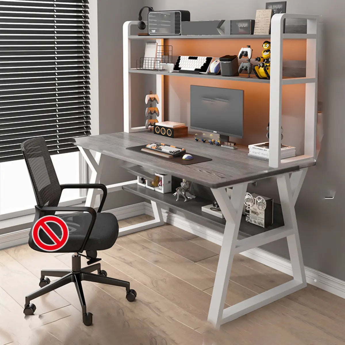 Nut-Brown Wood Computer Desk with Hutch Exterior Shelf Image - 11