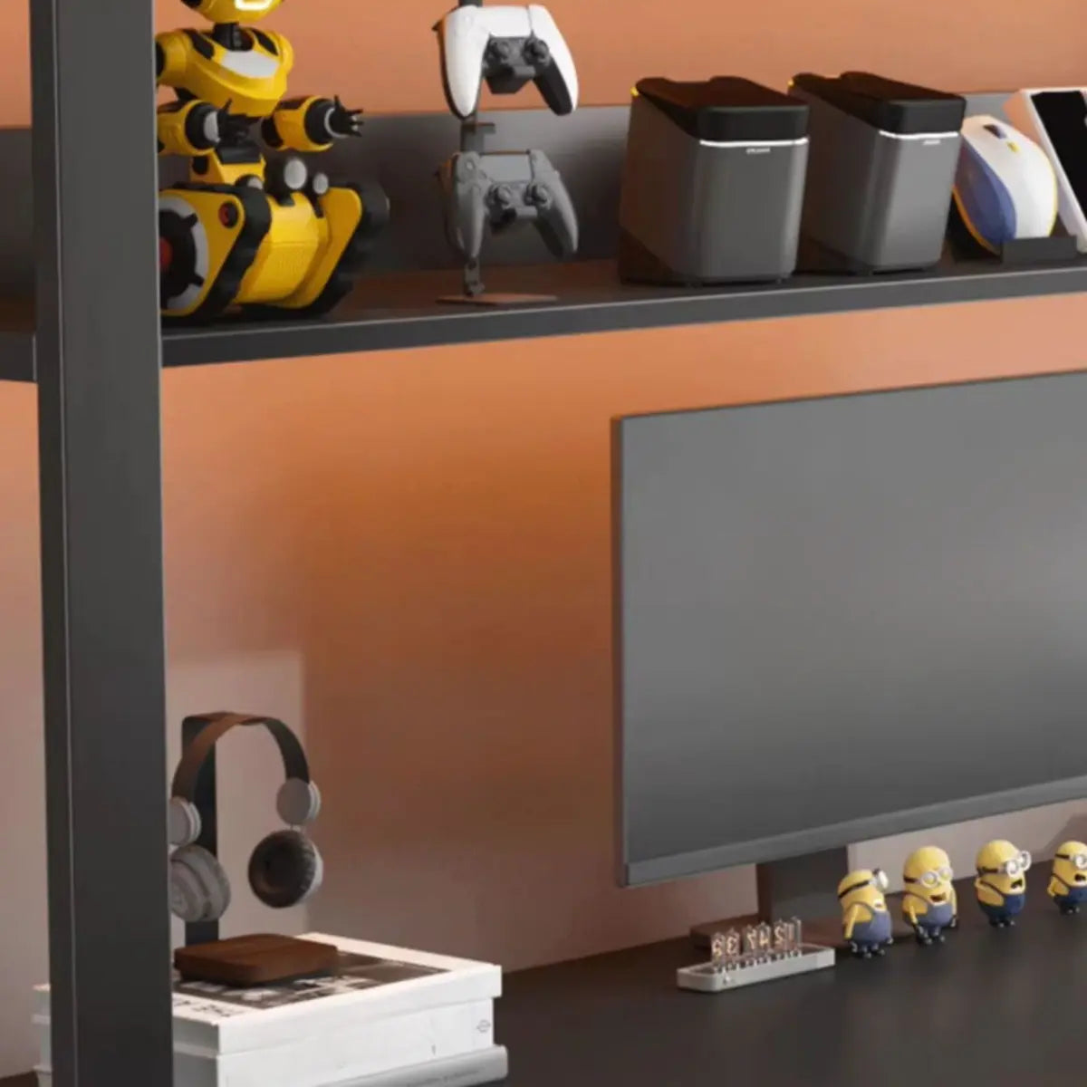 Nut-Brown Wood Computer Desk with Hutch Exterior Shelf Image - 12