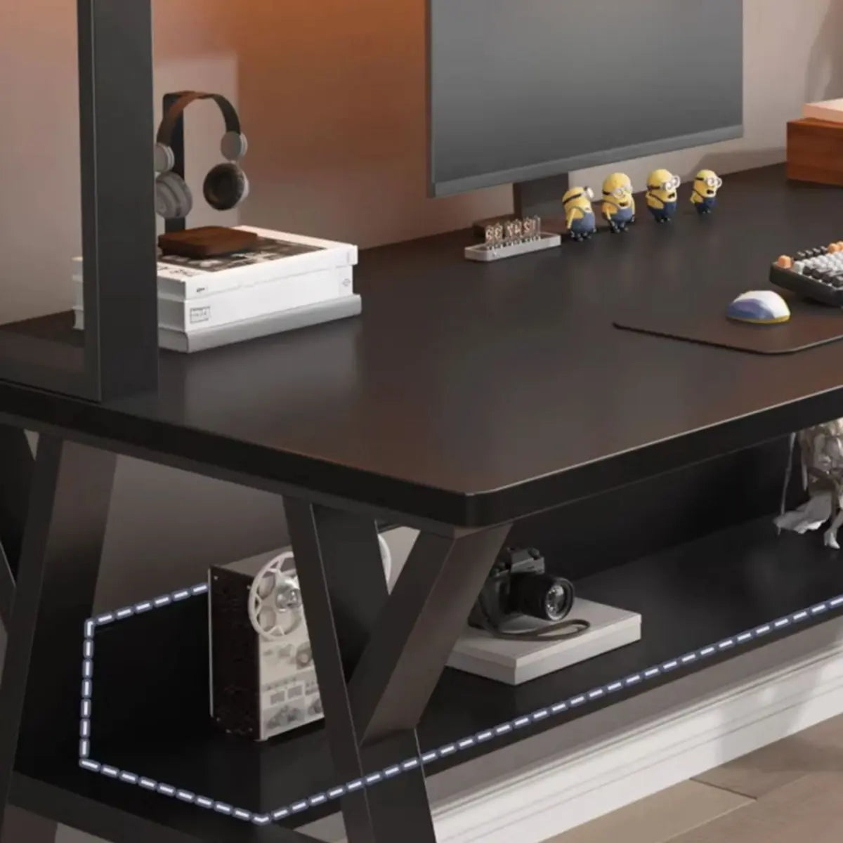 Nut-Brown Wood Computer Desk with Hutch Exterior Shelf Image - 13