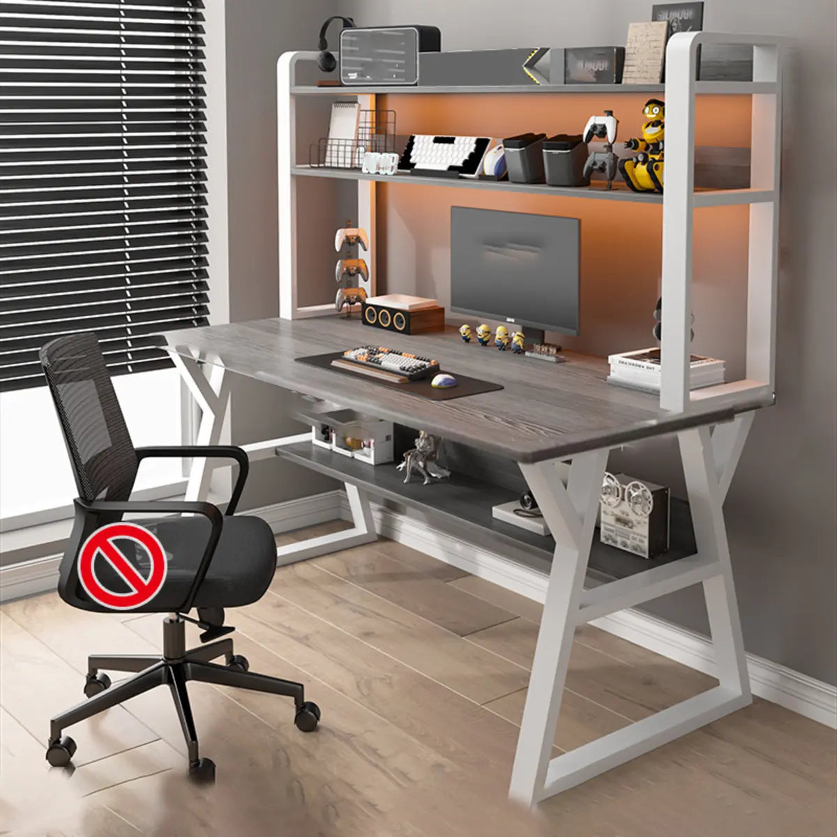 Nut-Brown Wood Computer Desk with Hutch Exterior Shelf Image - 14