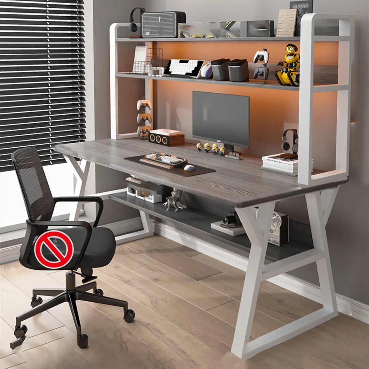 Nut-Brown Wood Computer Desk with Hutch Exterior Shelf Image - 16