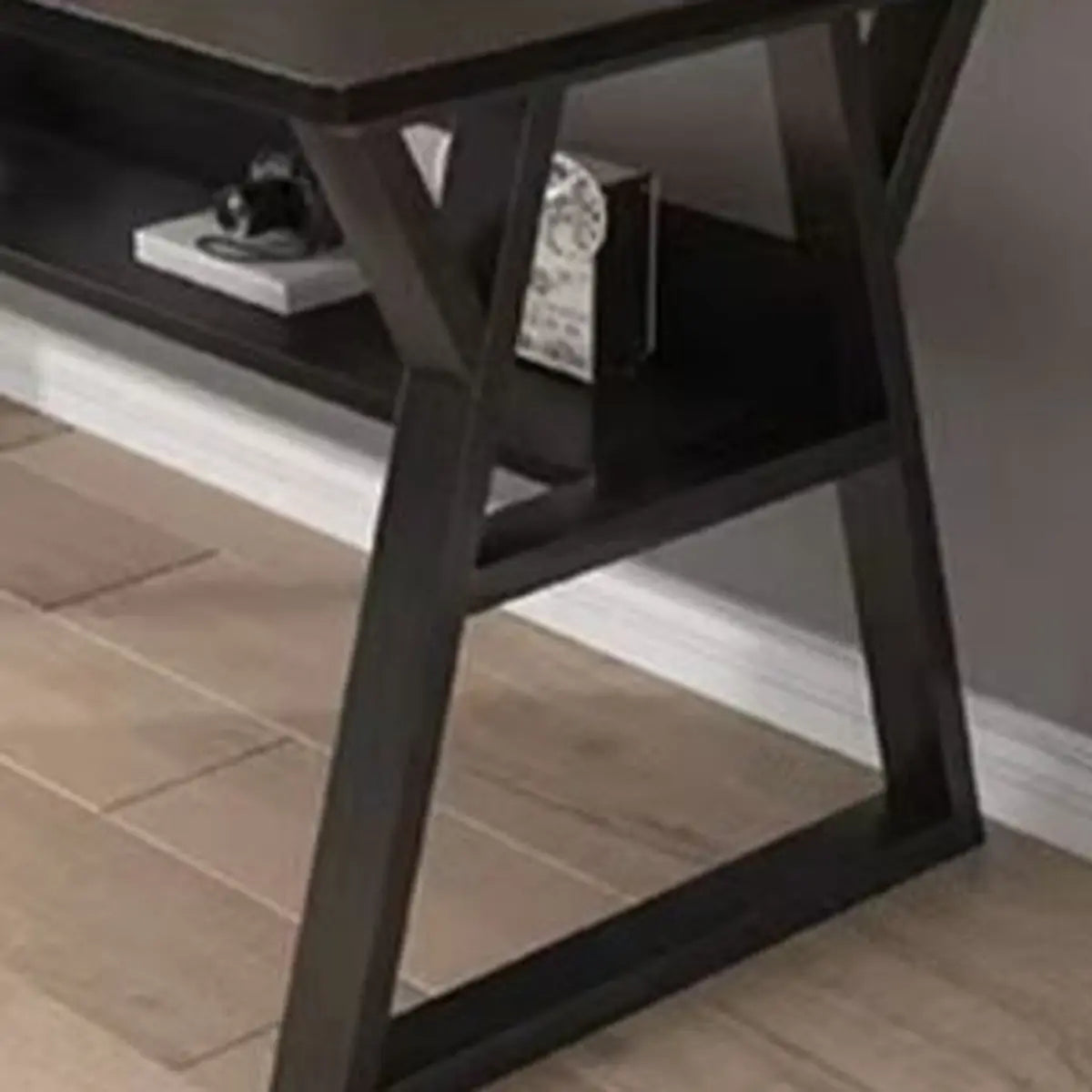 Nut-Brown Wood Computer Desk with Hutch Exterior Shelf Image - 17