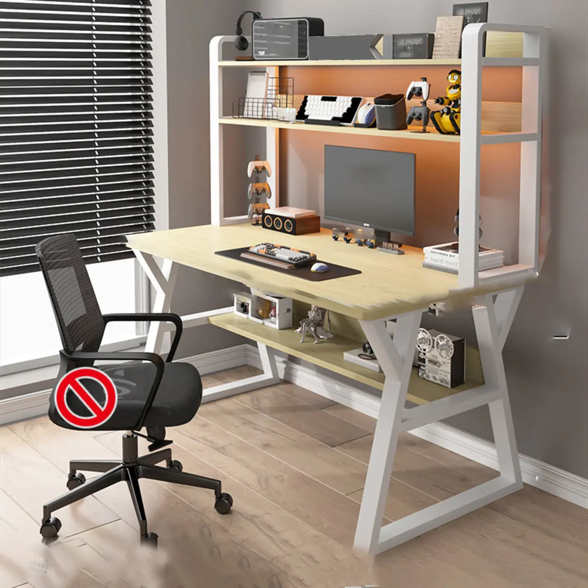 Nut-Brown Wood Computer Desk with Hutch Exterior Shelf Image - 19