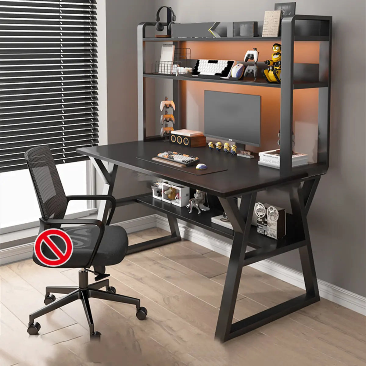 Nut-Brown Wood Computer Desk with Hutch Exterior Shelf Image - 2