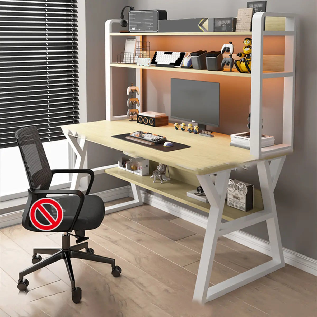 Nut-Brown Wood Computer Desk with Hutch Exterior Shelf Image - 21