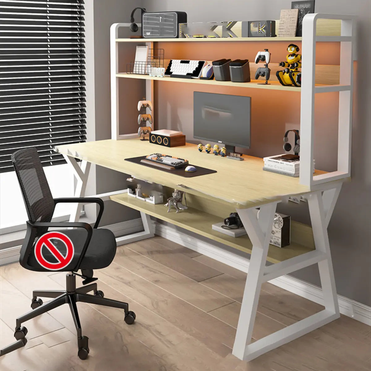 Nut-Brown Wood Computer Desk with Hutch Exterior Shelf Image - 22