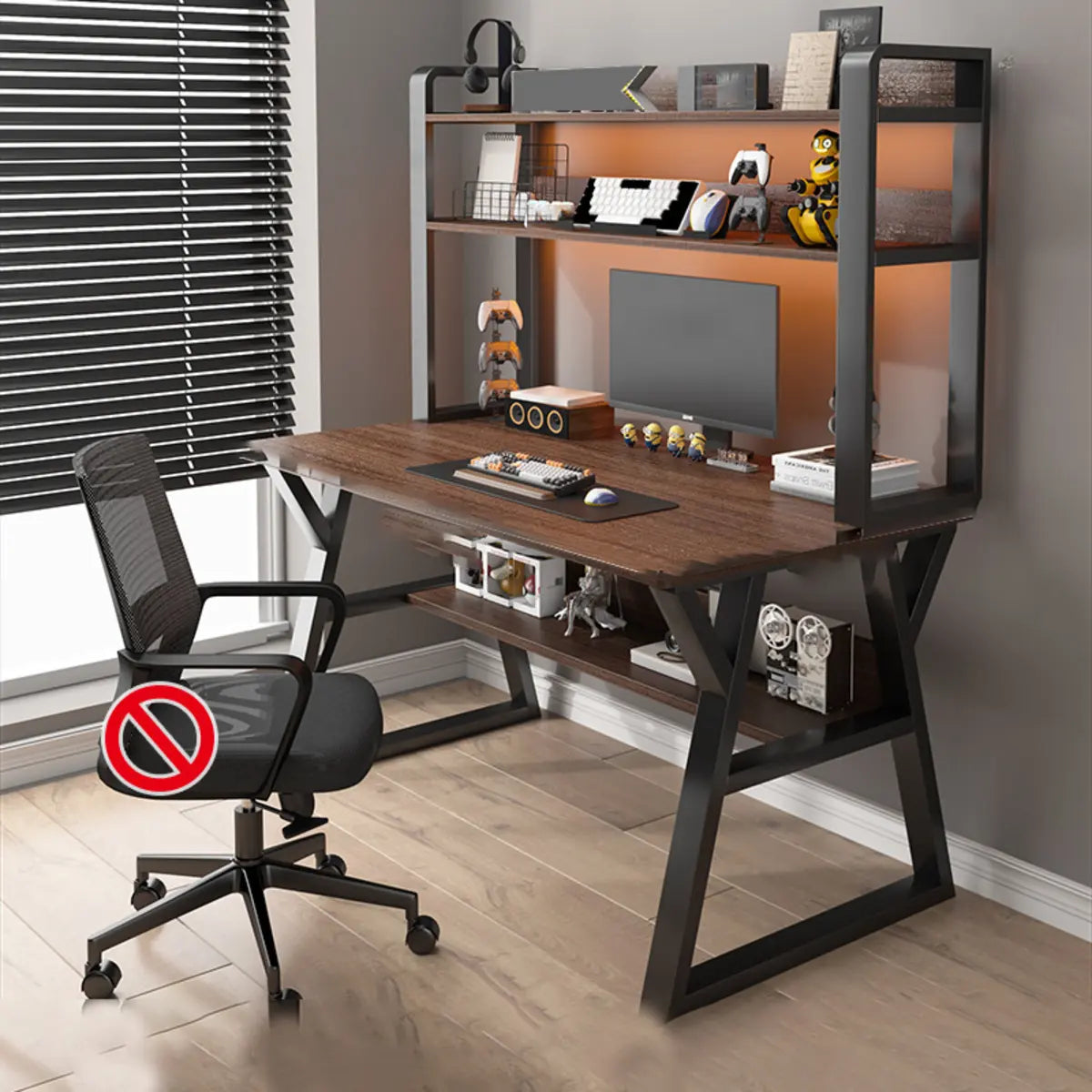 Nut-Brown Wood Computer Desk with Hutch Exterior Shelf Image - 23