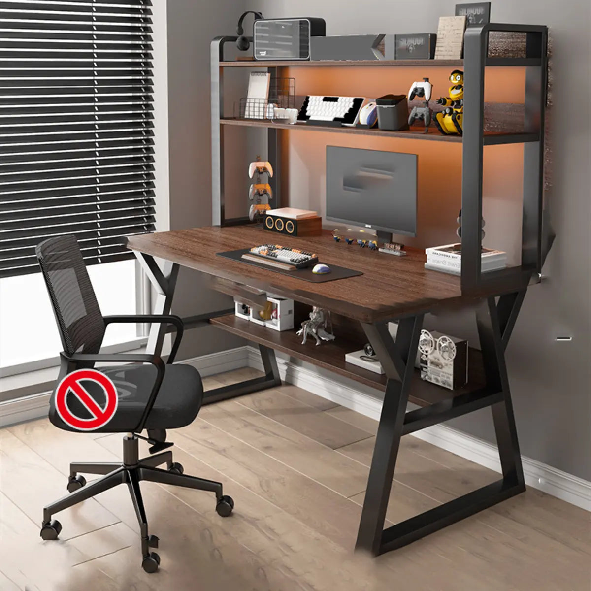 Nut-Brown Wood Computer Desk with Hutch Exterior Shelf Image - 24