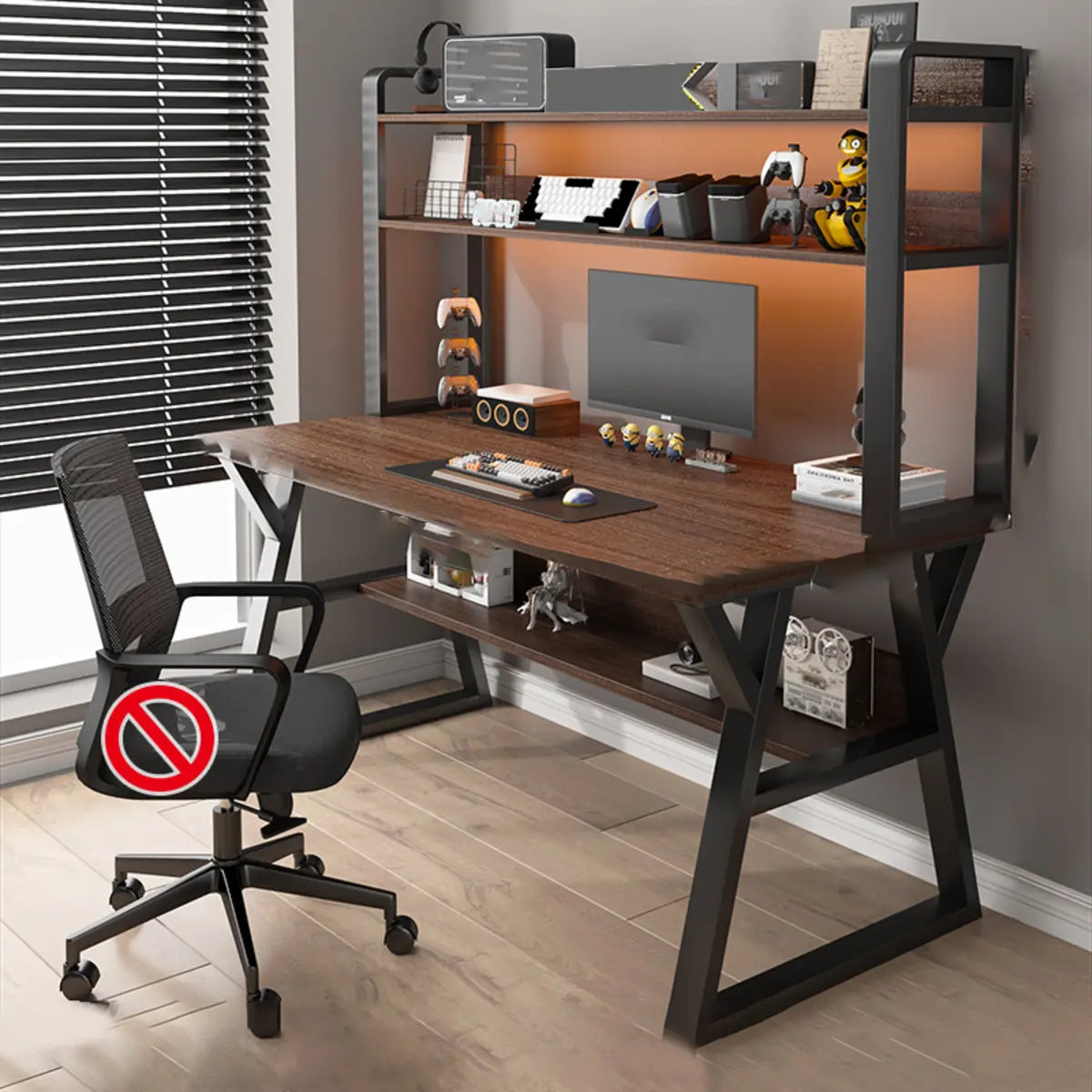 Nut-Brown Wood Computer Desk with Hutch Exterior Shelf Image - 25