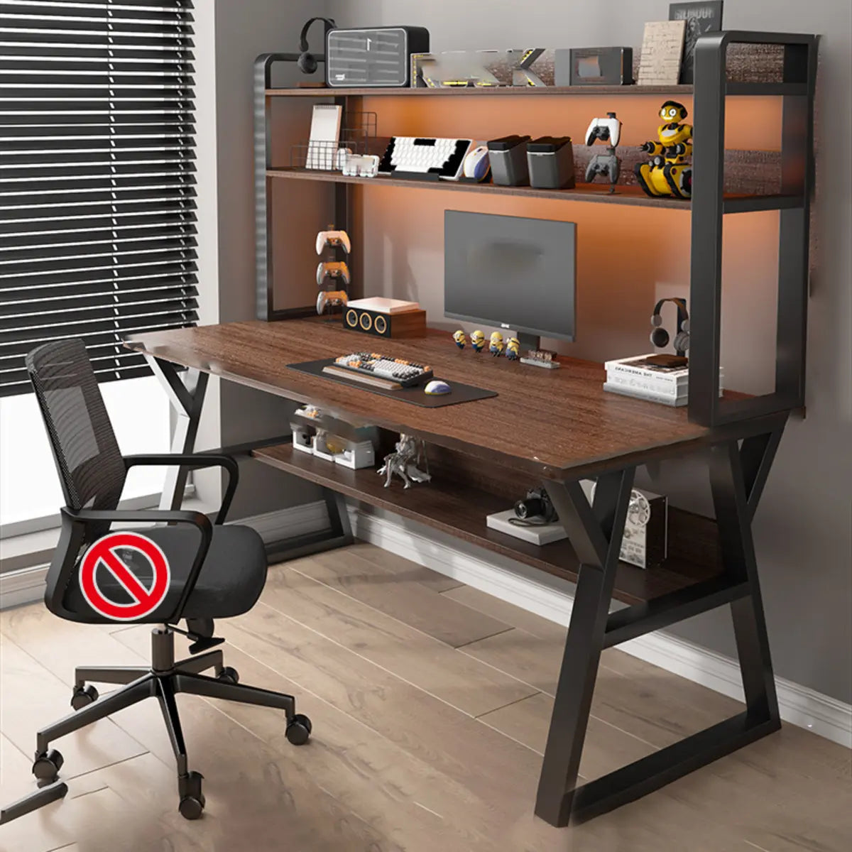 Nut-Brown Wood Computer Desk with Hutch Exterior Shelf Image - 26