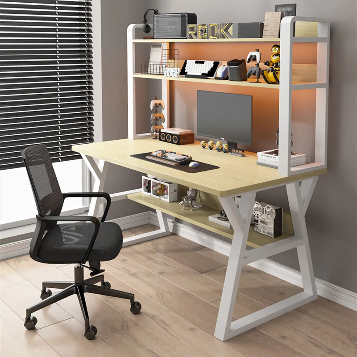 Nut-Brown Wood Computer Desk with Hutch Exterior Shelf Image - 3
