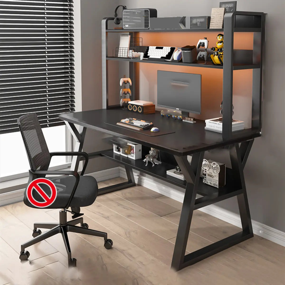 Nut-Brown Wood Computer Desk with Hutch Exterior Shelf Image - 4